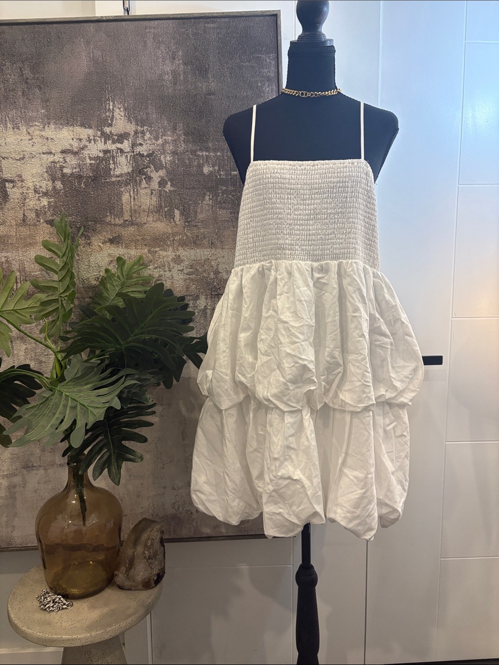 a new day White Smocked Mini Dress with Bubble Hem and Spaghetti Straps